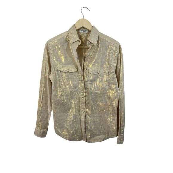 Victoria Jones Petites Medium PM Button Front Shirt Metallic Shiny Womens - Picture 1 of 13